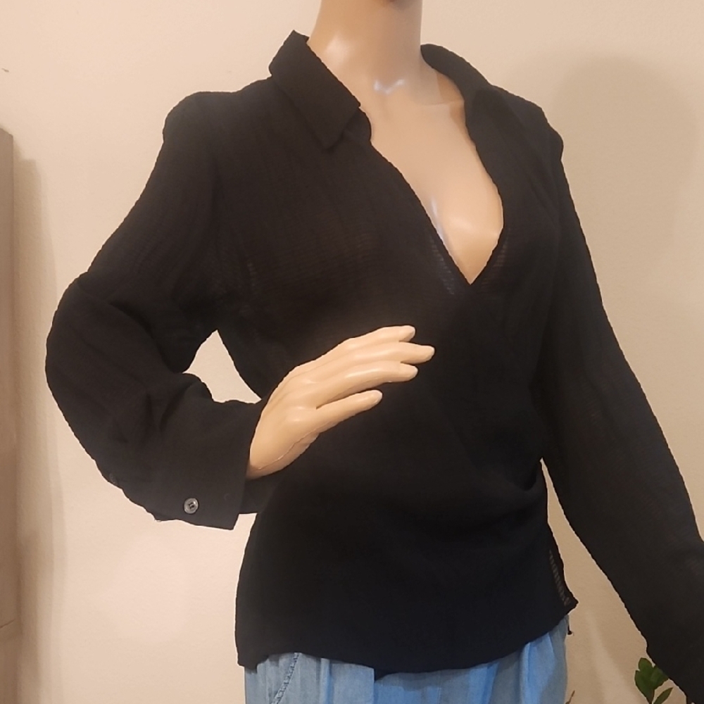 Zara Black Wrap Blouse with Puff Sleeves